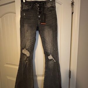 Risen Dark Gray Distressed Flare Jeans